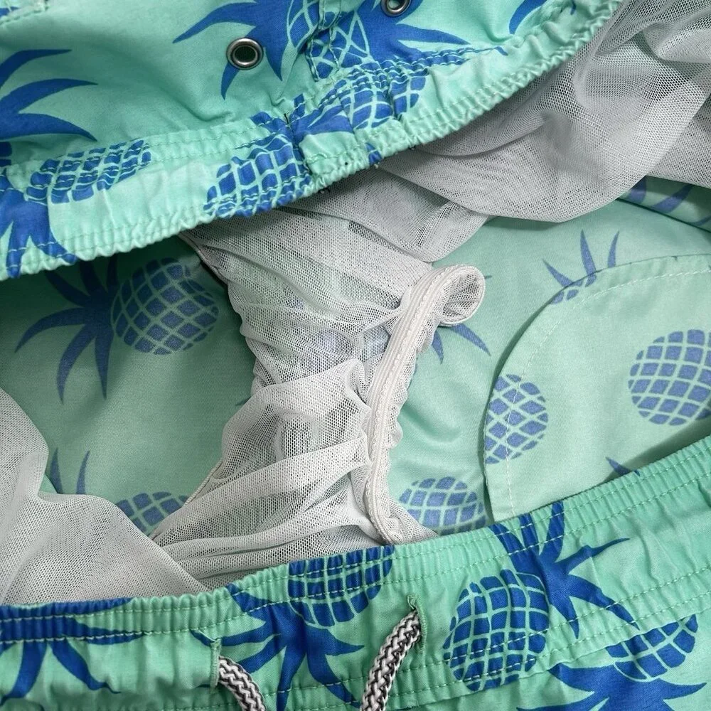 Tom Teddy Swim Trunks Green Blue Pineapple Print Liner Pockets‎ Stretch Summer M
